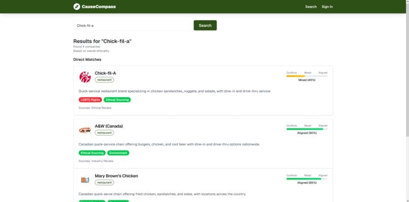 Search page of Cause Compass